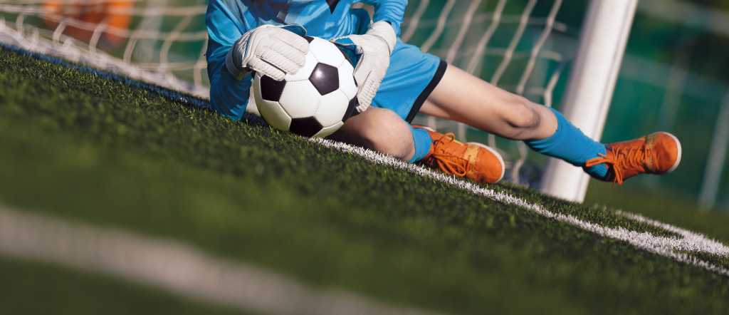 A soccer goalie stops the ball in front of the net.