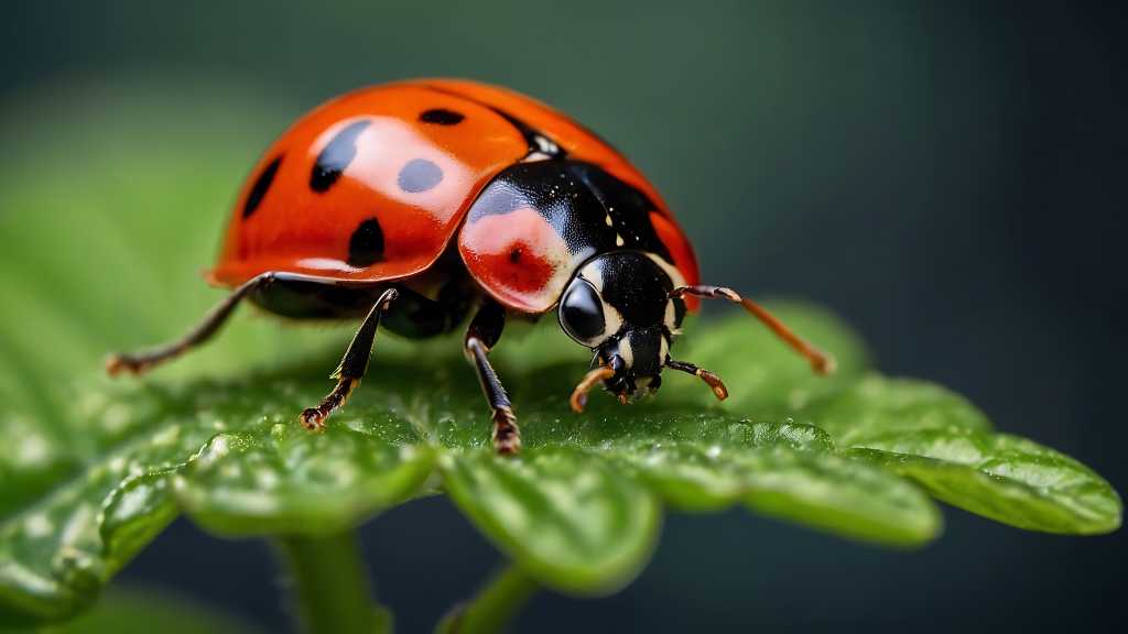 close up of a beautiful ladybug on a green leaf against a green black background