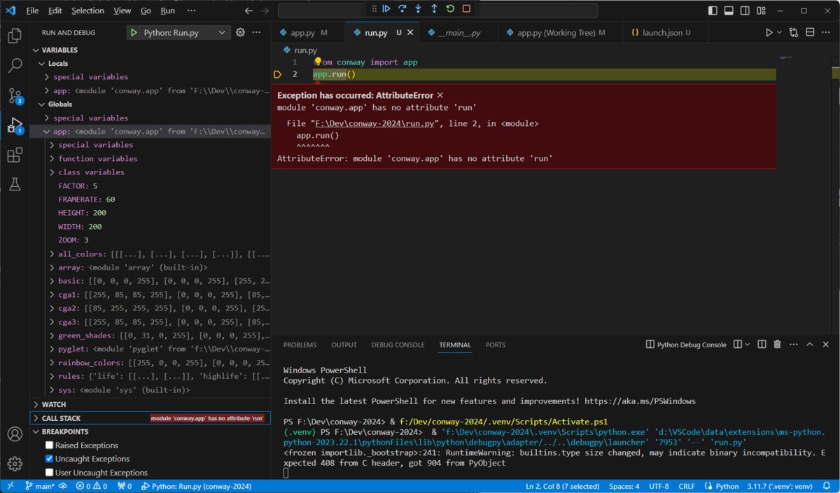 The 'Run and Debug' pane in VS Code.