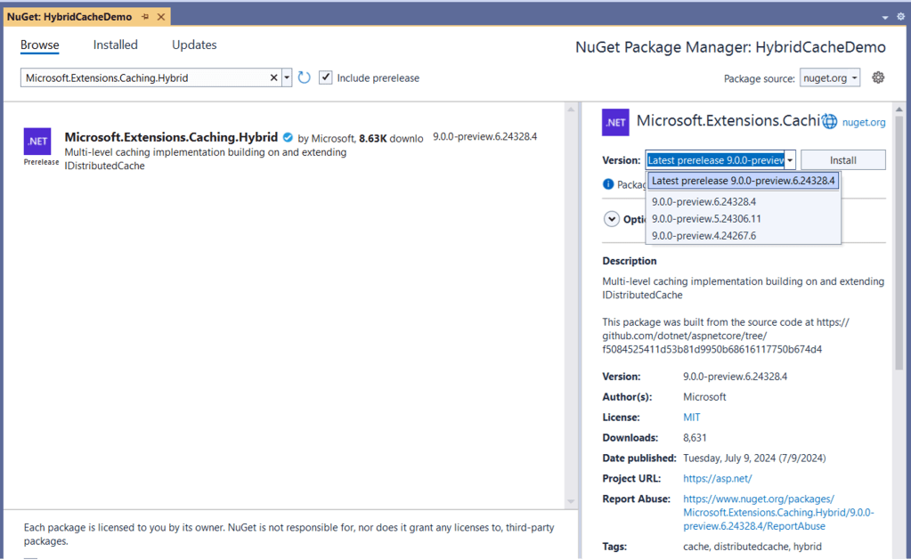 Installing the HybridCache NuGet package